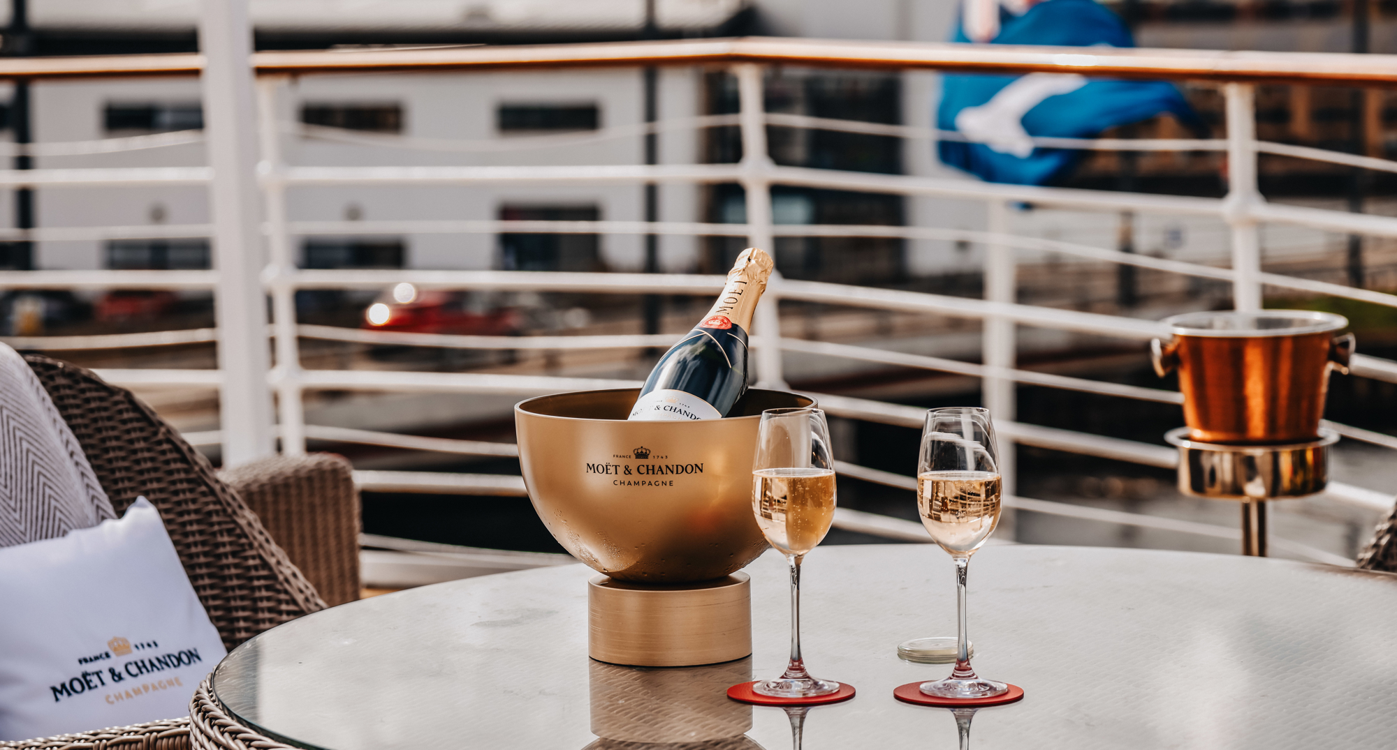 The outdoor table with Champagne on the Moet Deck