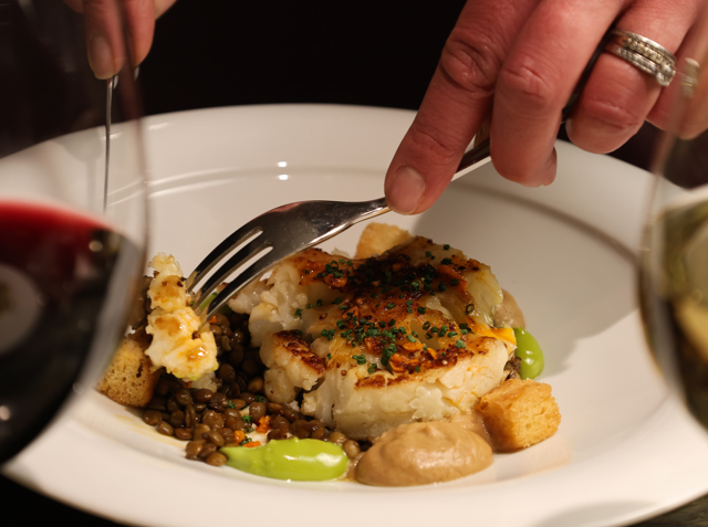 Cauliflower à la Grenobloise, spiced lentils, Fingal’s plant-based red wine jus  