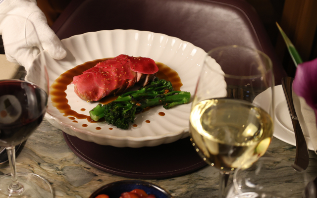Roasted Devon duck breast, sweet-marinated mooli, broccolini, sauce bigarade 