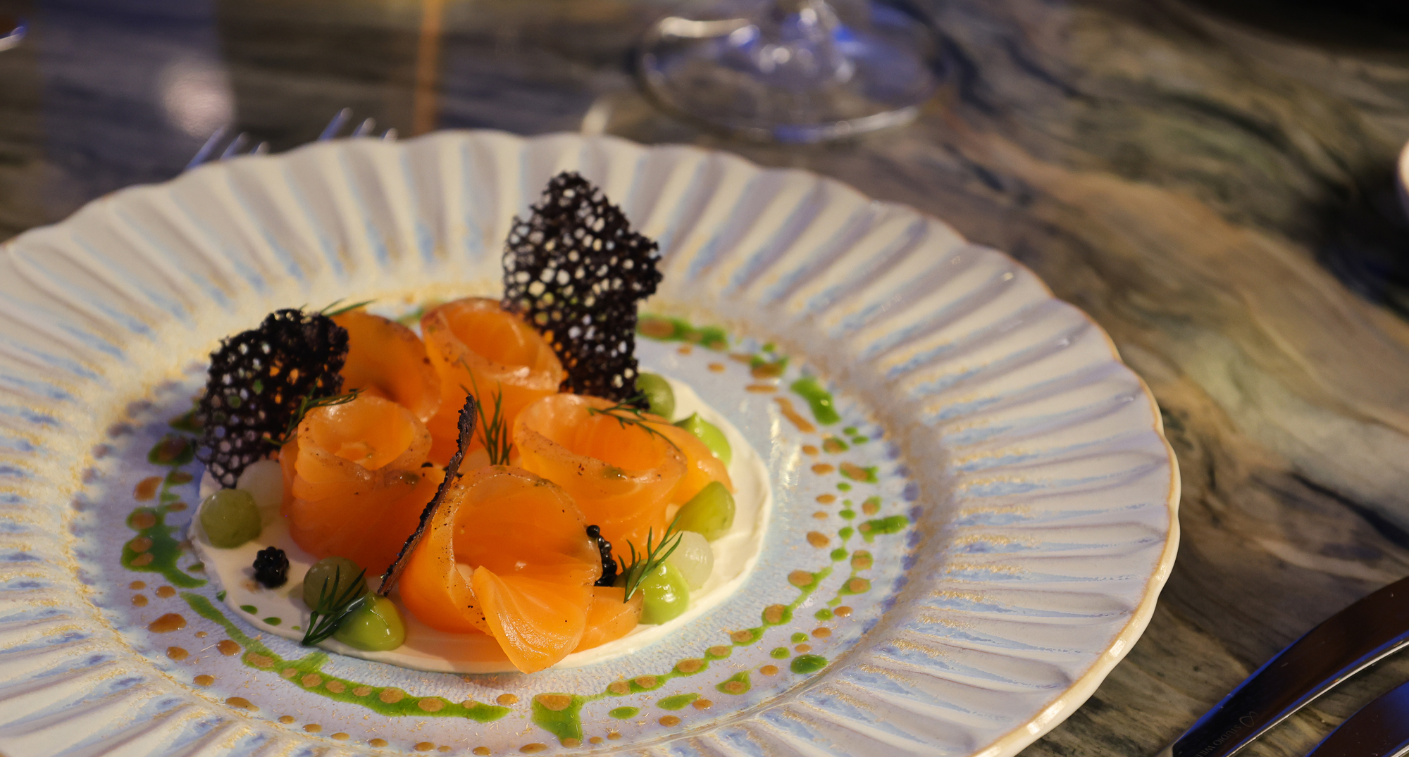 Achroous gin-cured Wester Ross salmon, Exmoor caviar, crème fraîche, cucumber