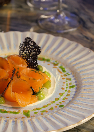 Achroous gin-cured Wester Ross salmon, Exmoor caviar, crème fraîche, cucumber