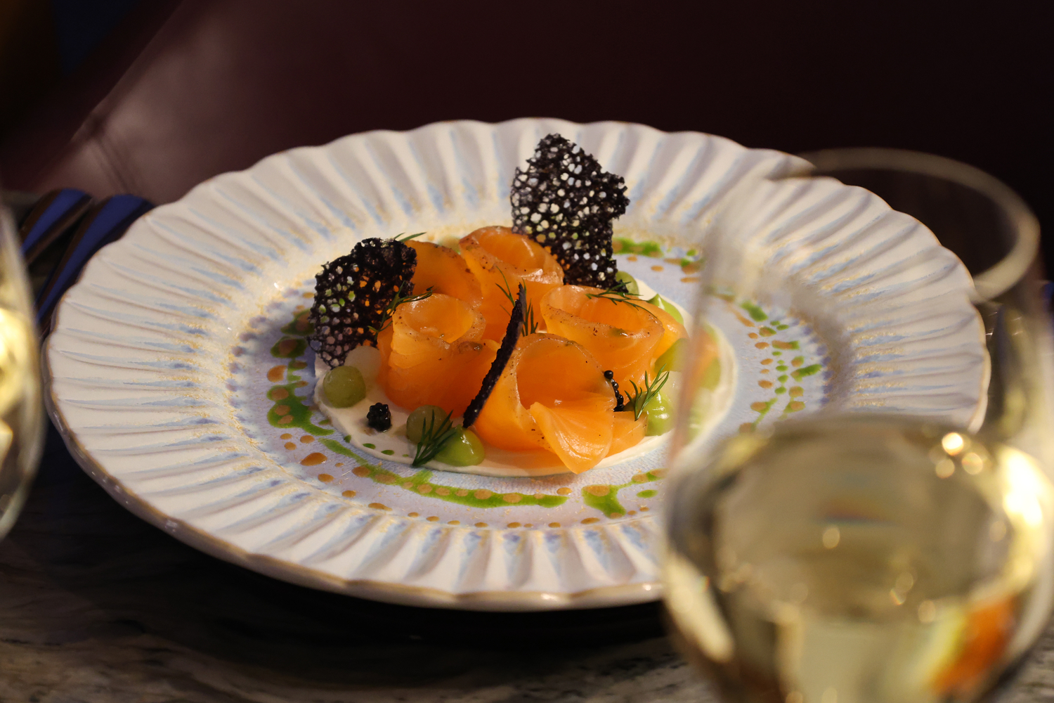 Achroous gin-cured Wester Ross salmon, Exmoor caviar, crème fraîche, cucumber   